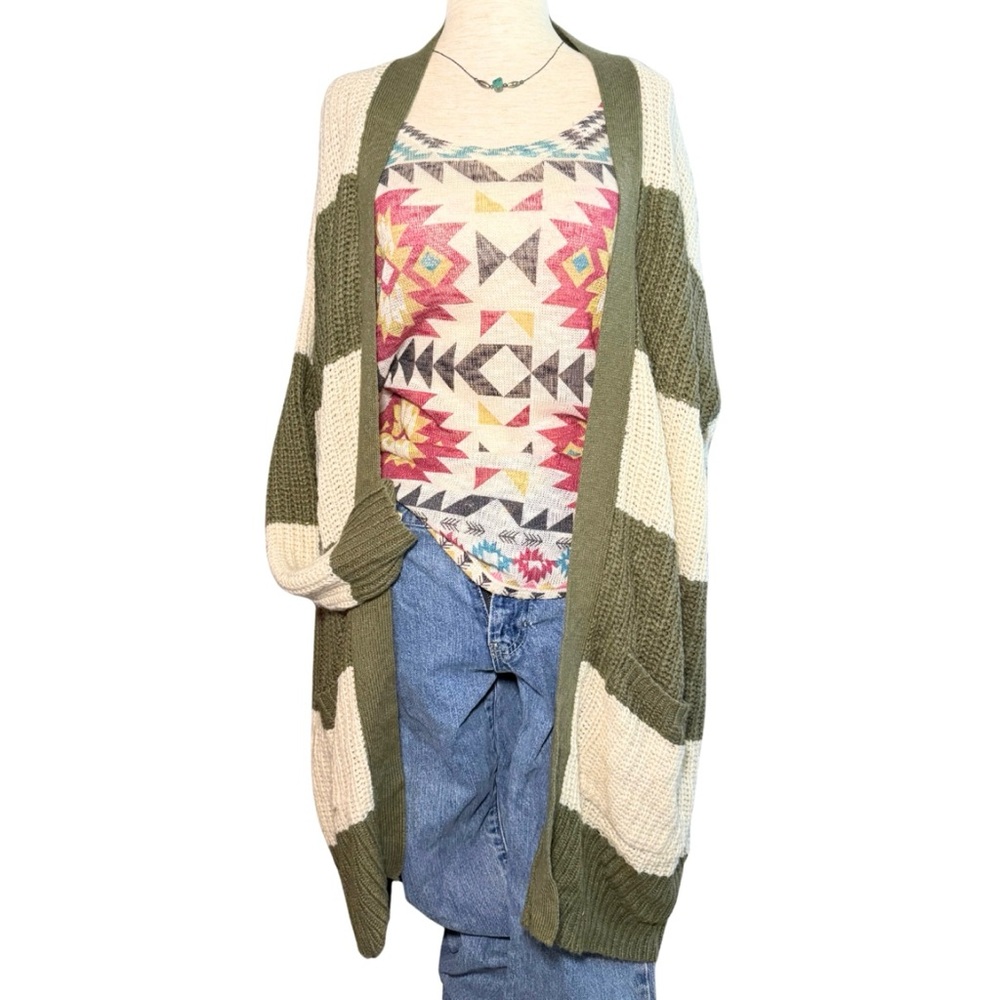 Oversized Chunky Knit Olive‎ and Cream Stripe Cardigan Daytrip size M